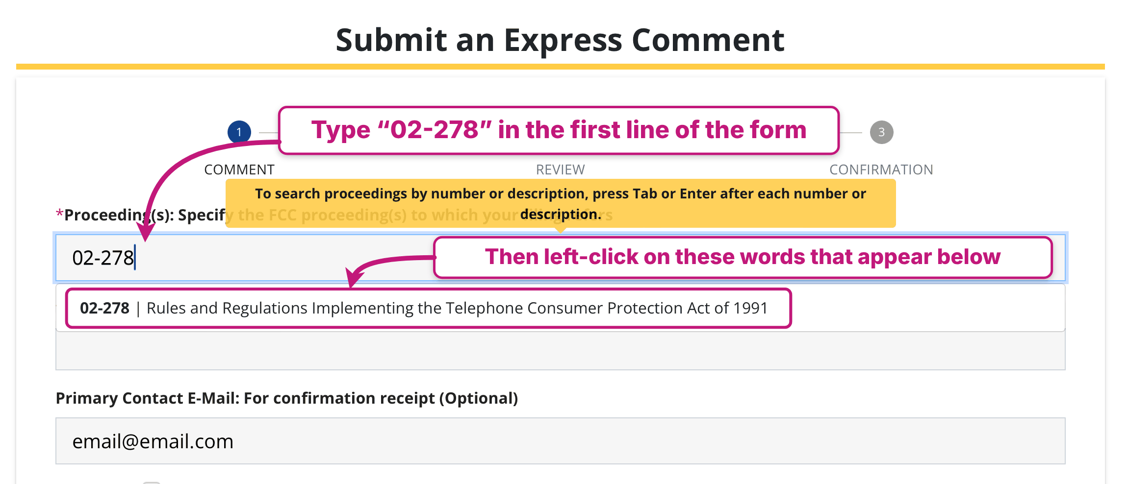 FCC Express Comment form: type 02-278 in the first line of the form, then click the matching line that appears below it